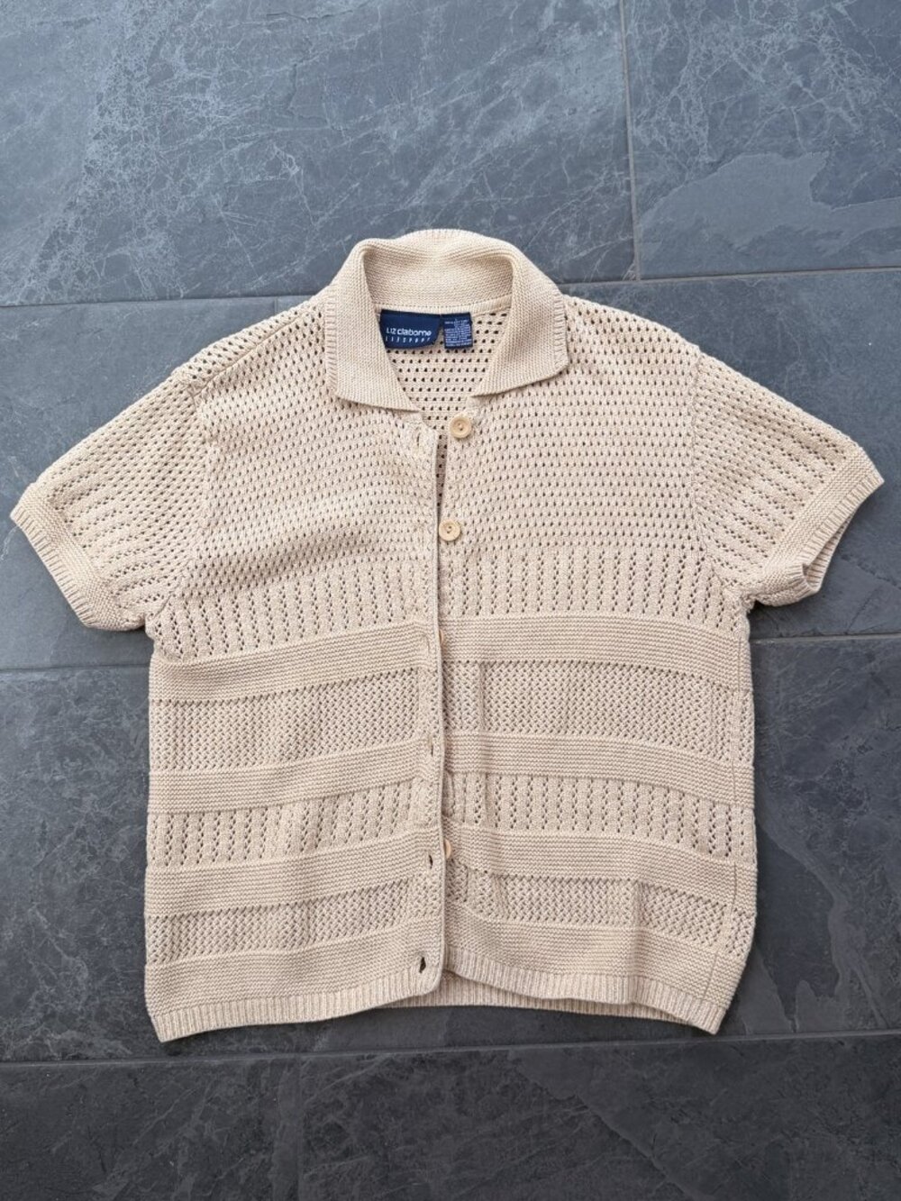 liz claiborne cottagecore coquette cotton knit shortsleeve cream camel tan S / M